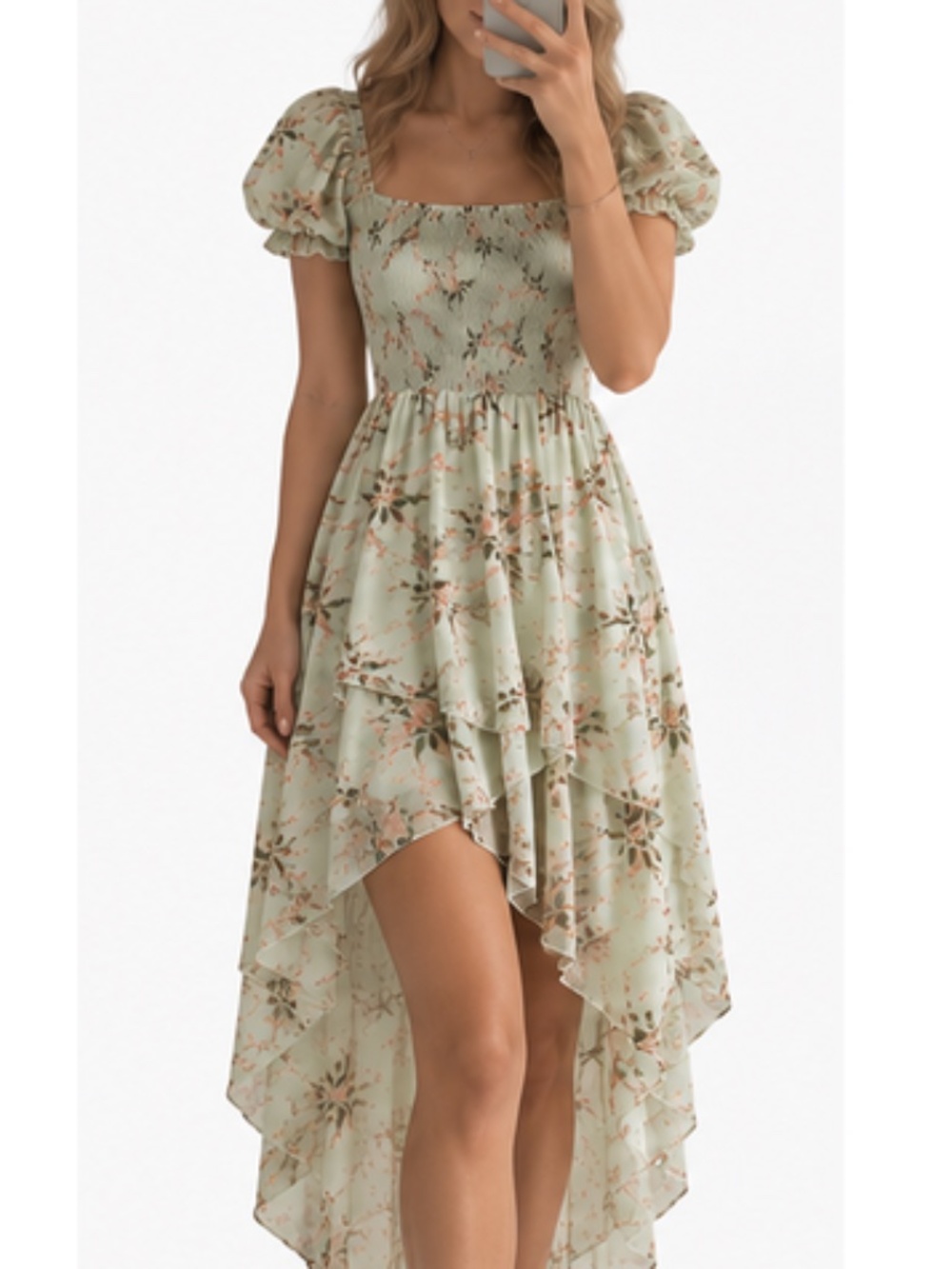 Sage Green Floral Puff Sleeve High-Low Midi Dress